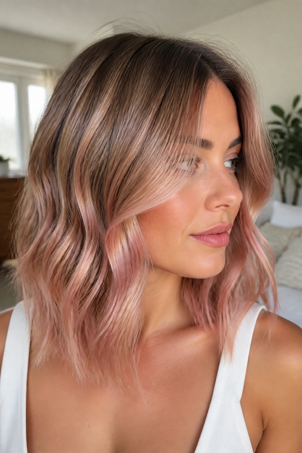 Rose gold balayage on lightened medium-length hair with rosy pink tones around face