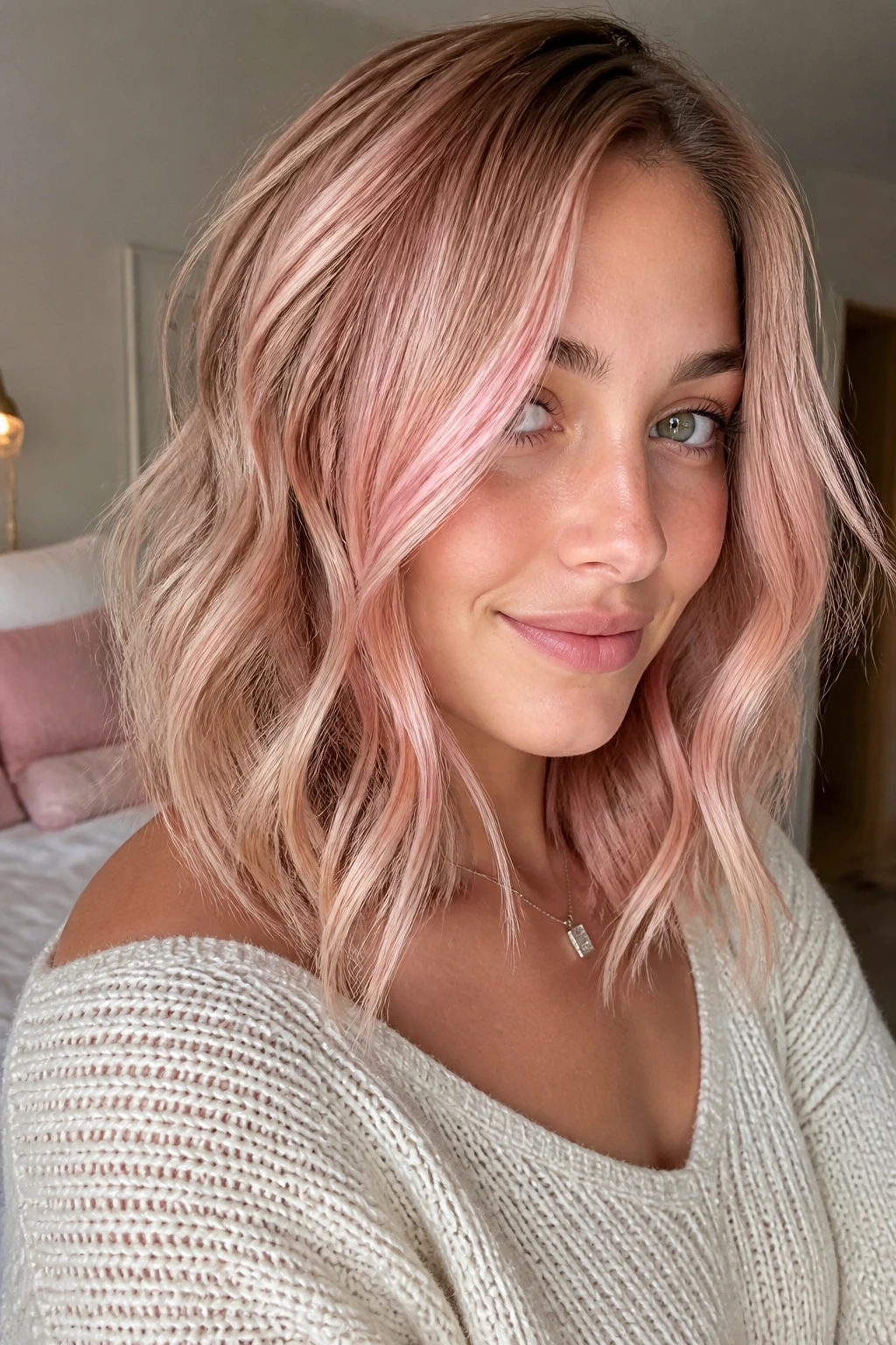 Close-up of rose gold balayage on a real woman with soft pink glow