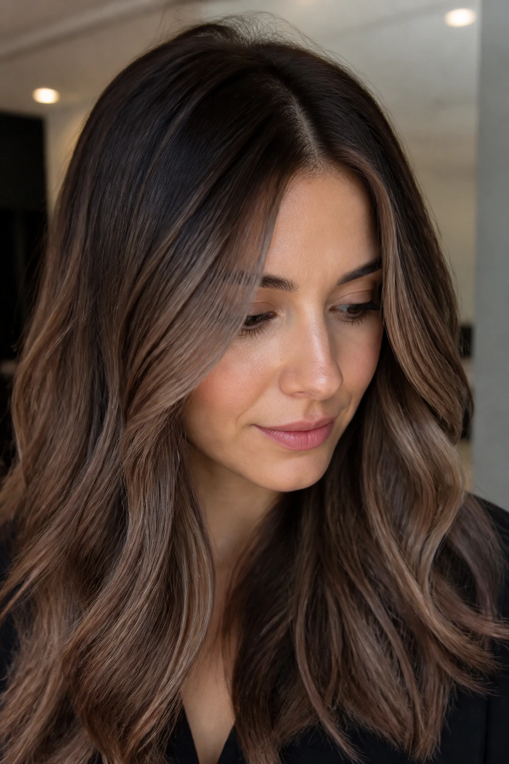 Portrait of brunette with subtle sable balayage around the part and face
