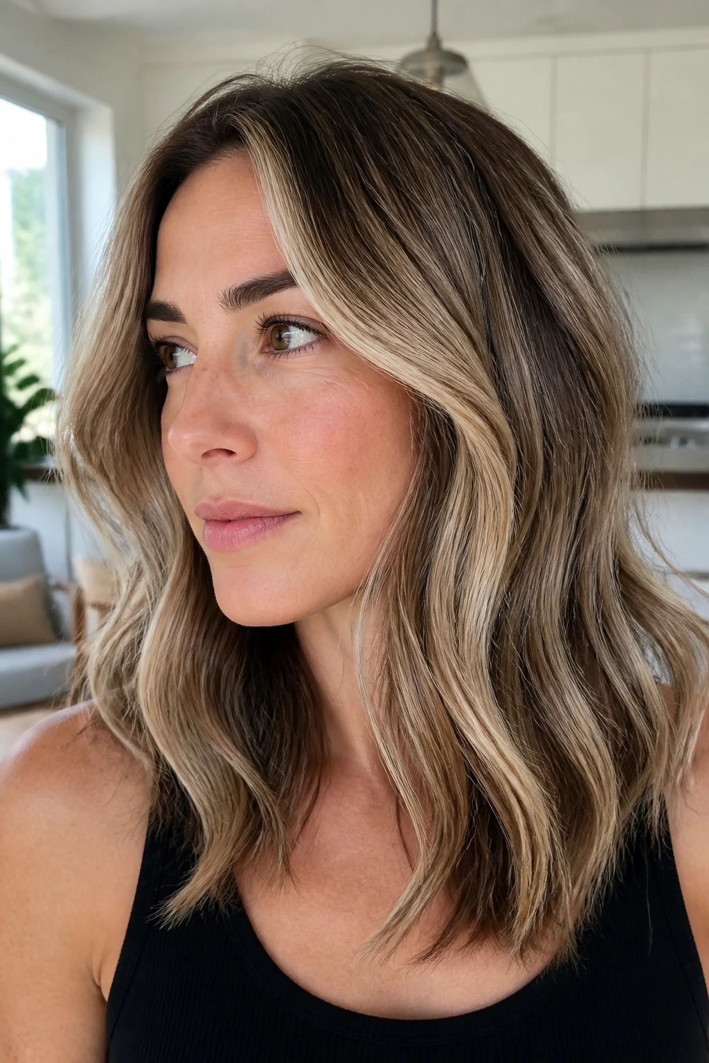Portrait of woman with Sandy Beige Balayage around face and mid-lengths