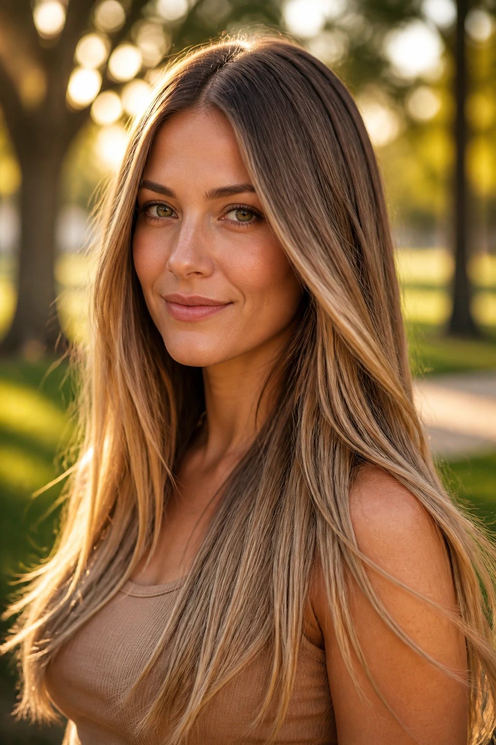 Close-up of a real woman with sandy bronde balayage on long straight hair outdoors