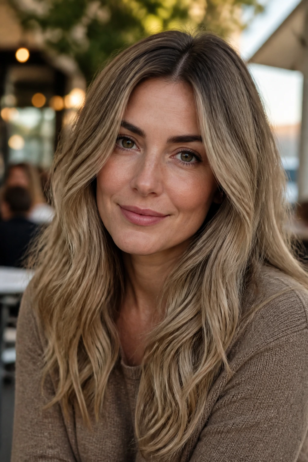 Portrait of a real woman with sandy bronde and shadow root showing depth