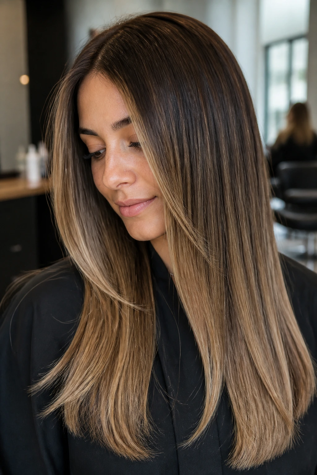 Woman with straight hair showing balayage shade blended with brunette base.