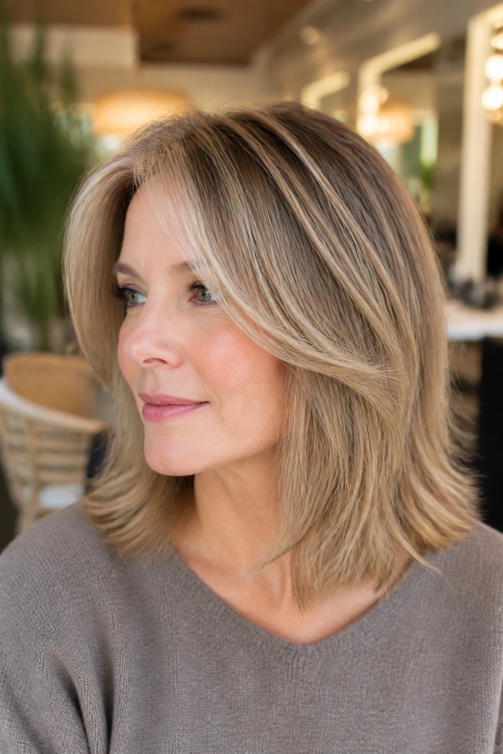 Close-up portrait of a real person with multi-tone balayage enhancing fullness in thin hair