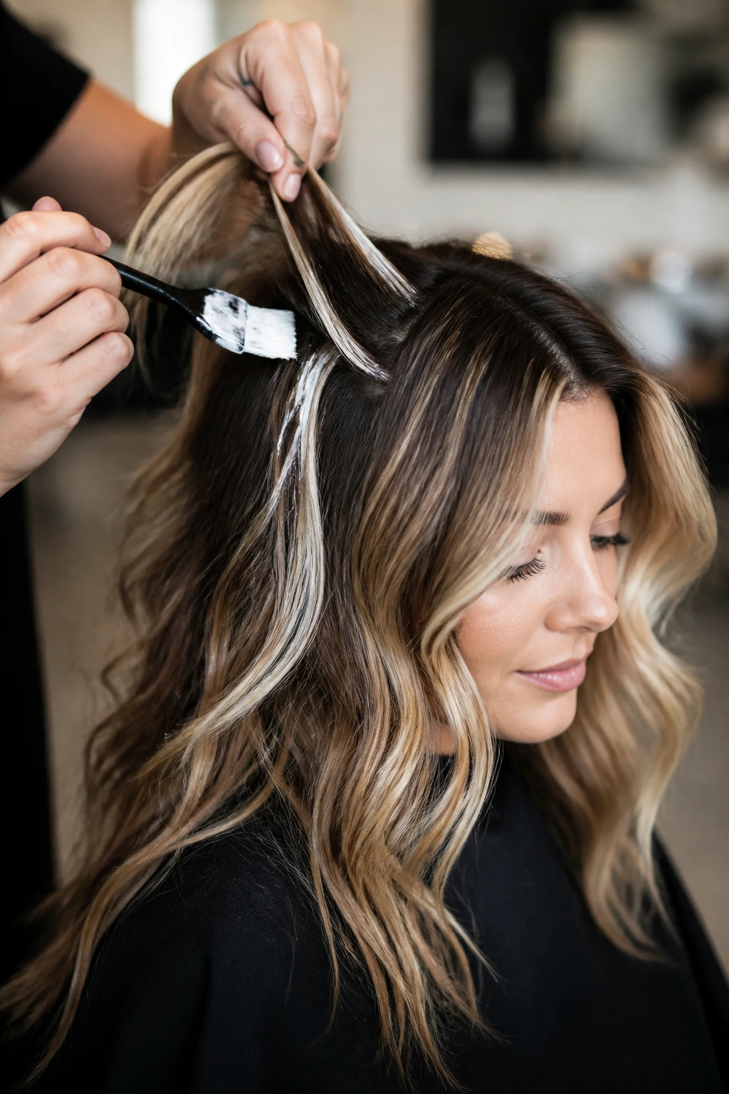 Real client receiving balayage while a colorist adjusts ribbons in a modern salon