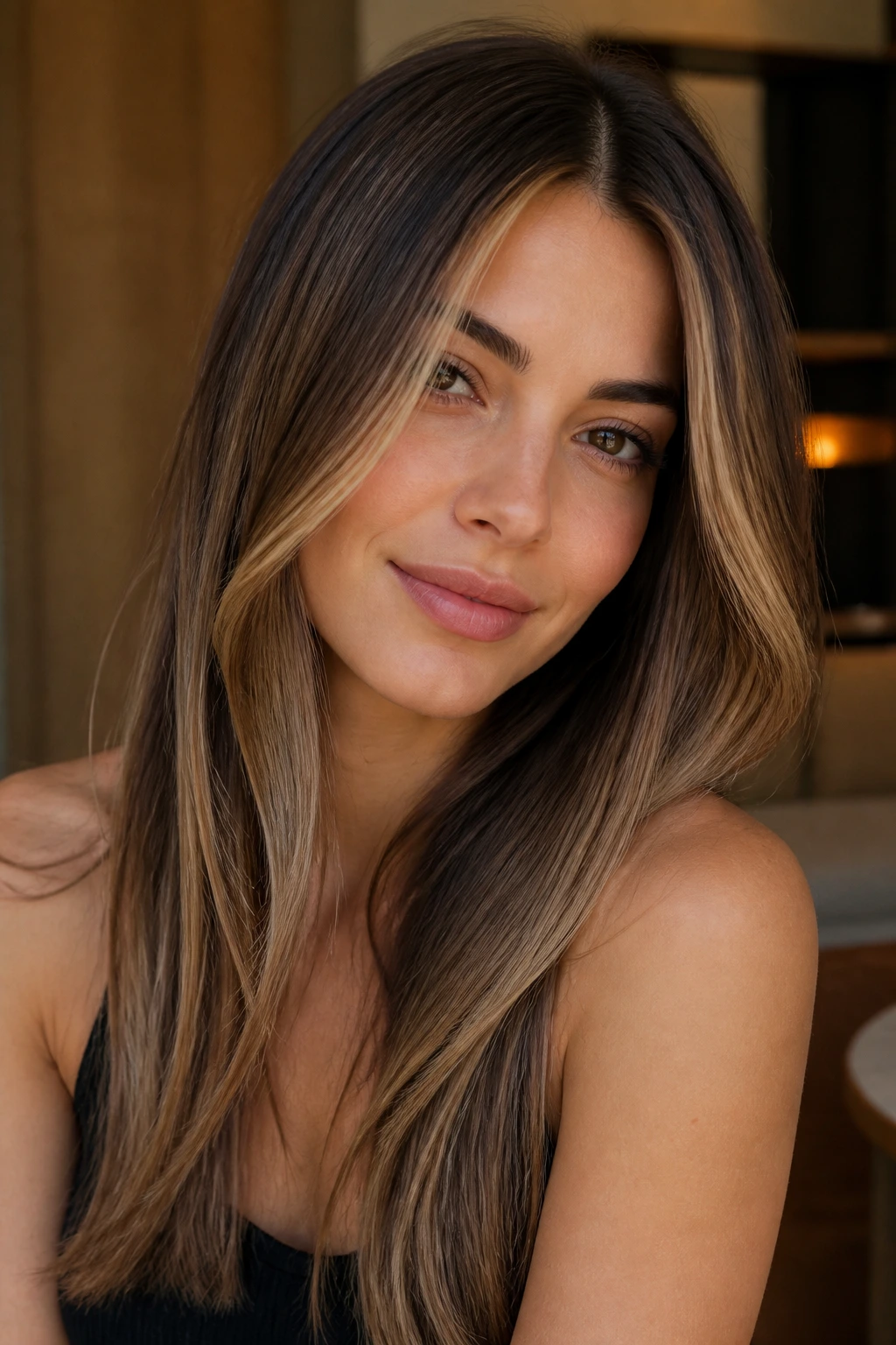 Real person showing a brunette base with lighter face-frame balayage in warm, natural light