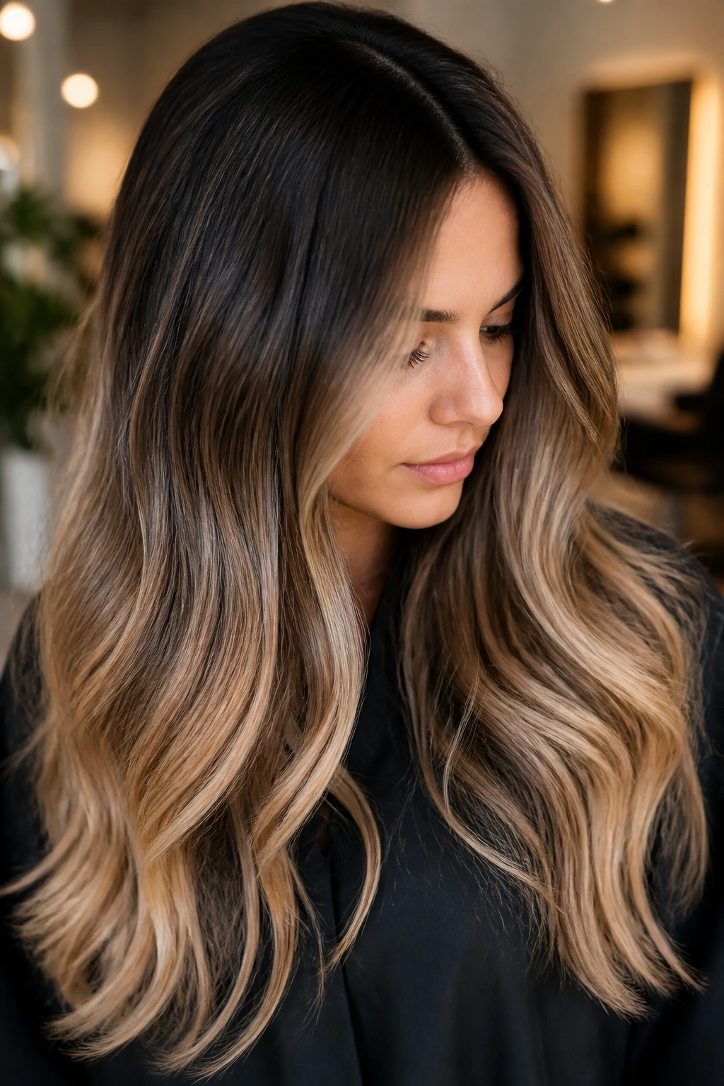 Portrait of long balayage hair showing base color and undertone shades