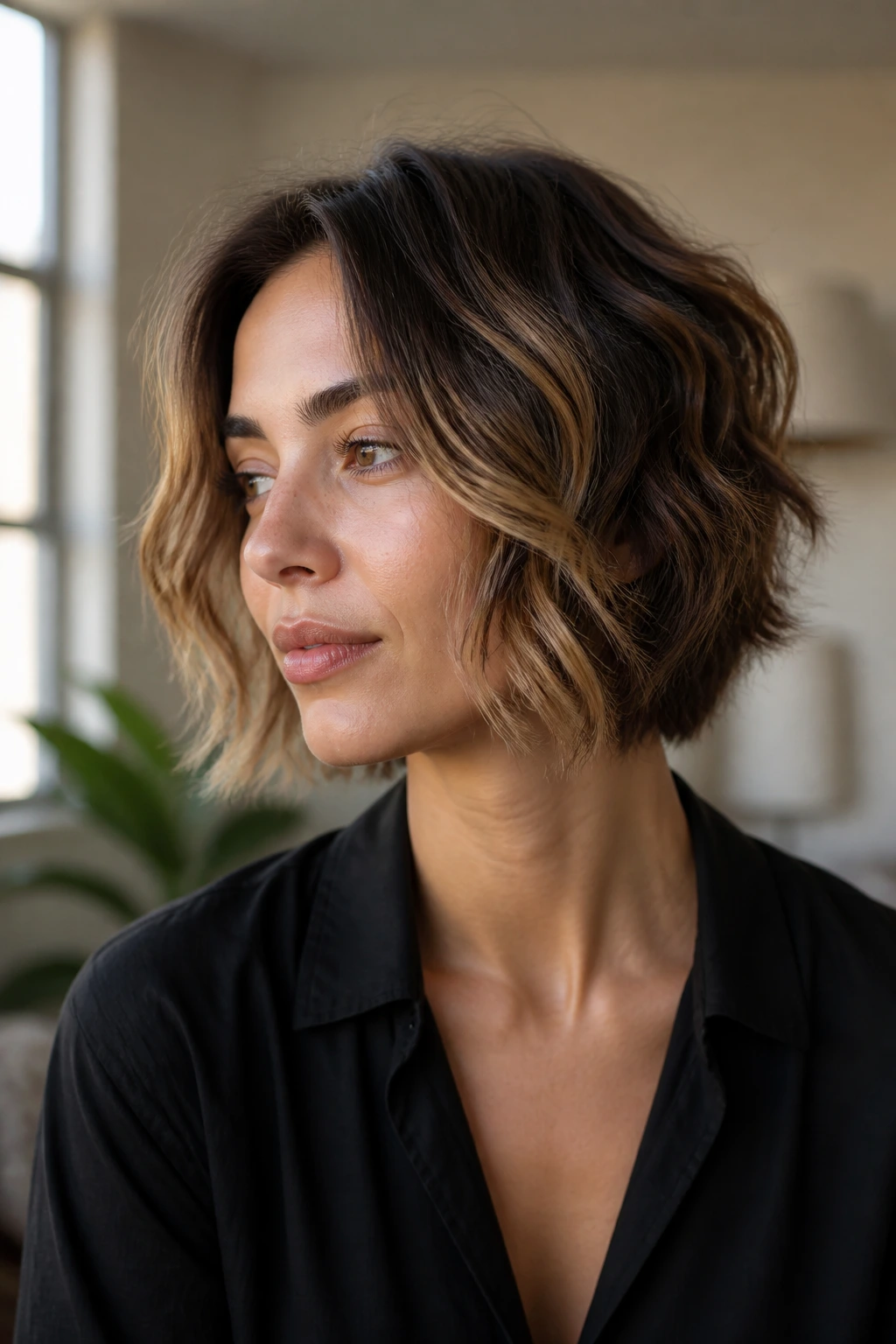 Close-up of a woman with balayage-dimensional shaggy Italian bob