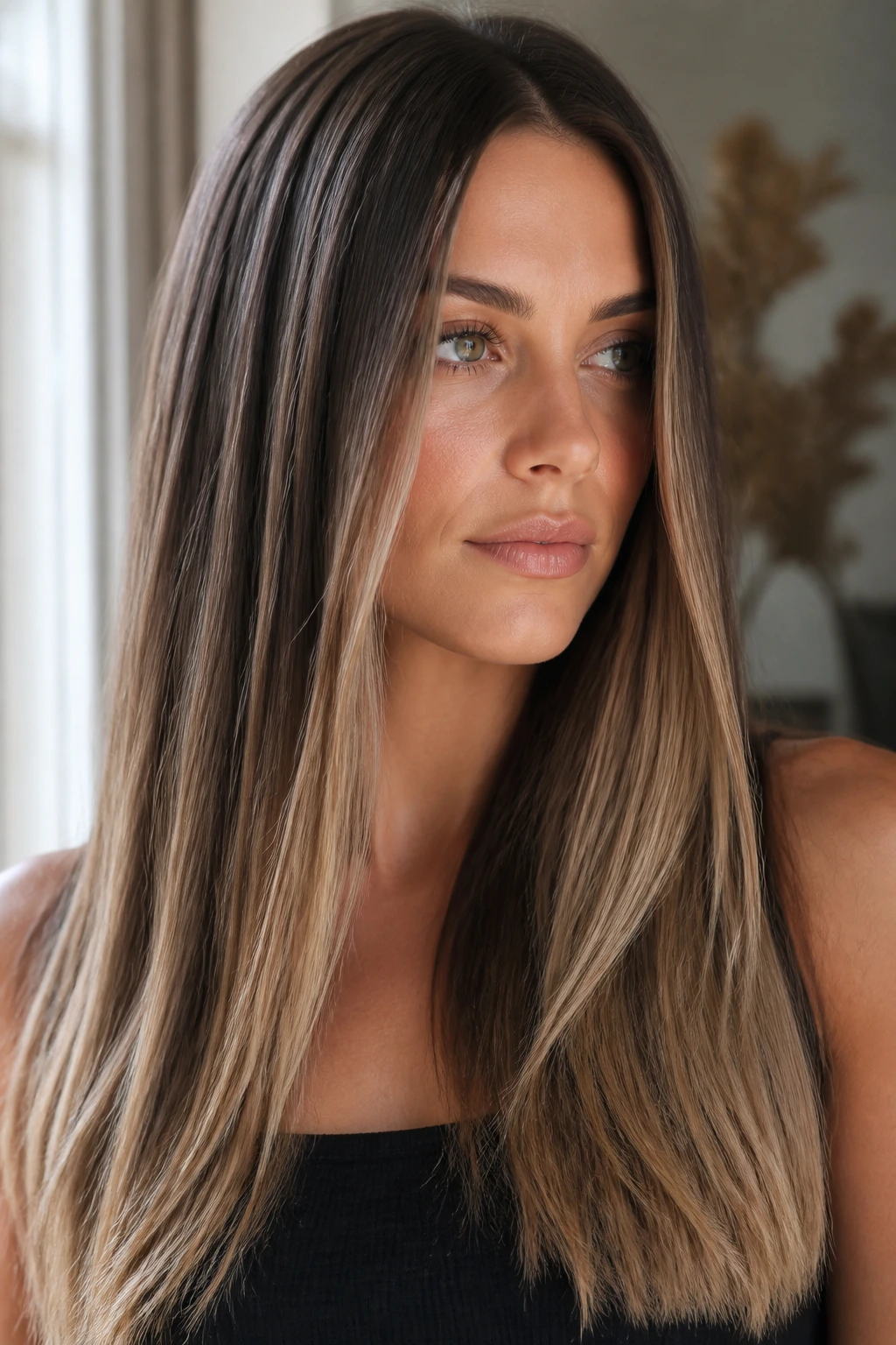 Portrait of a real woman with crisp, well-defined balayage on long straight hair