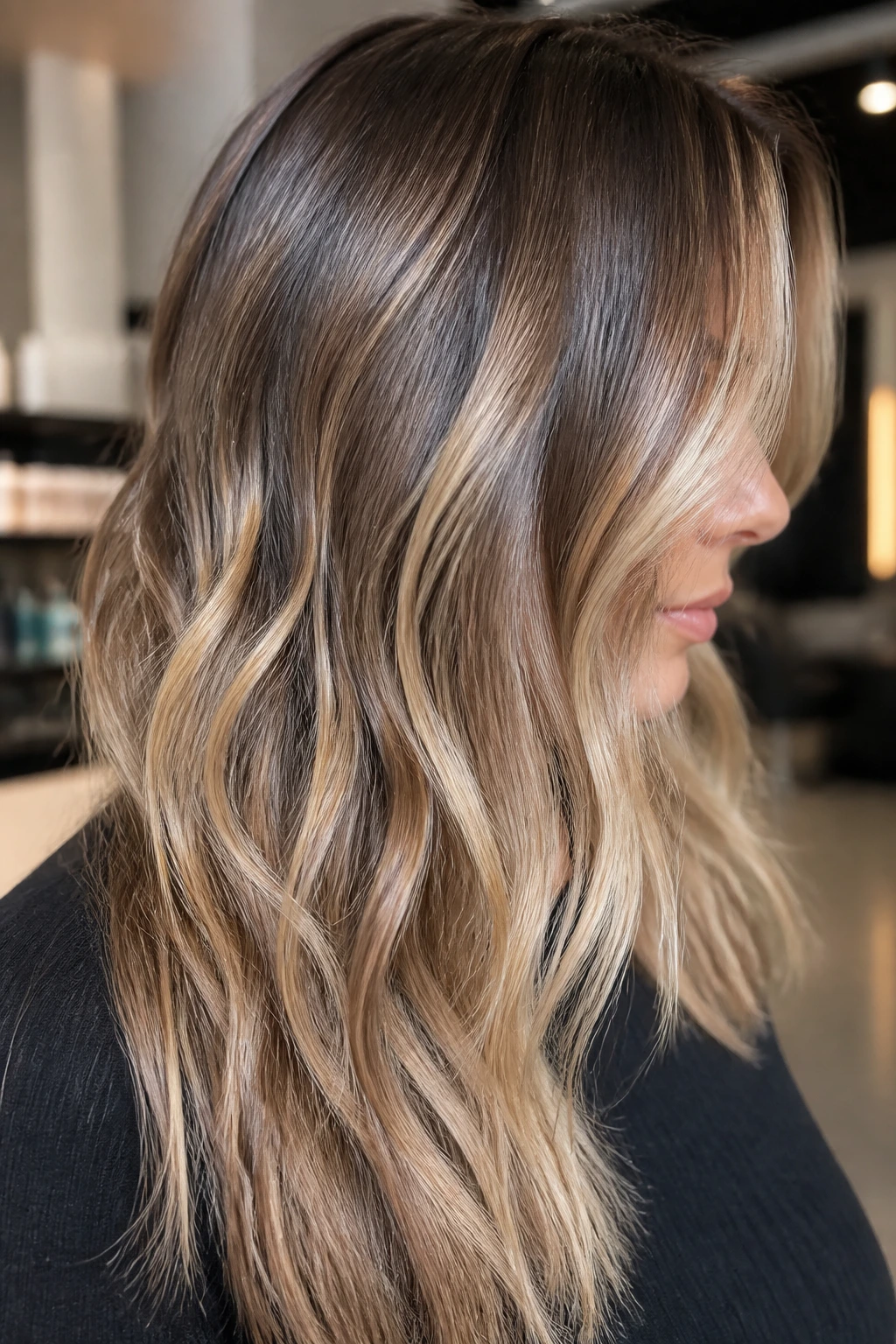 Close-up side profile of hair with extra shine and dimension balayage