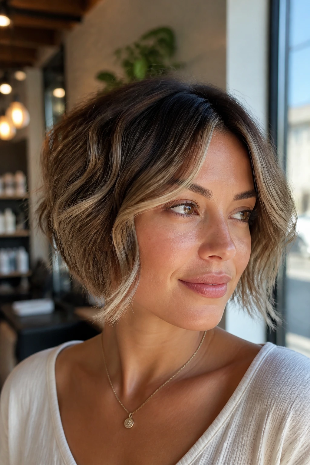 Close-up portrait of a real person with short balayaged hair showing soft regrowth and shadow roots