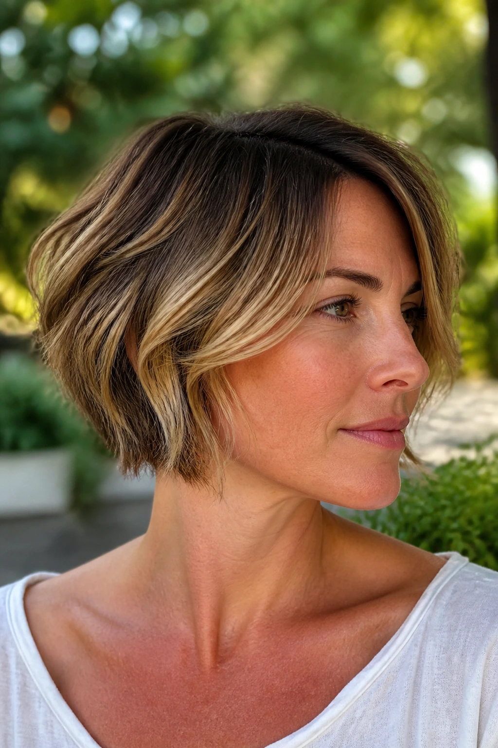 Close-up portrait of a real woman with short balayage hair in summer sun