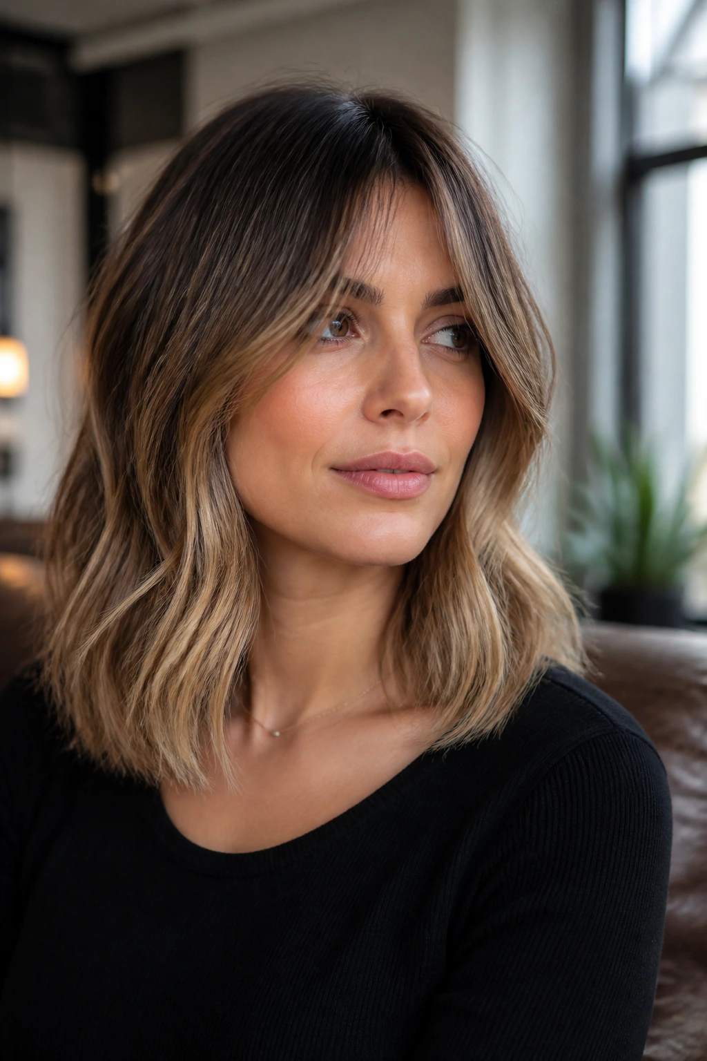 Portrait of a woman with balayage shoulder-length hair and center fringe