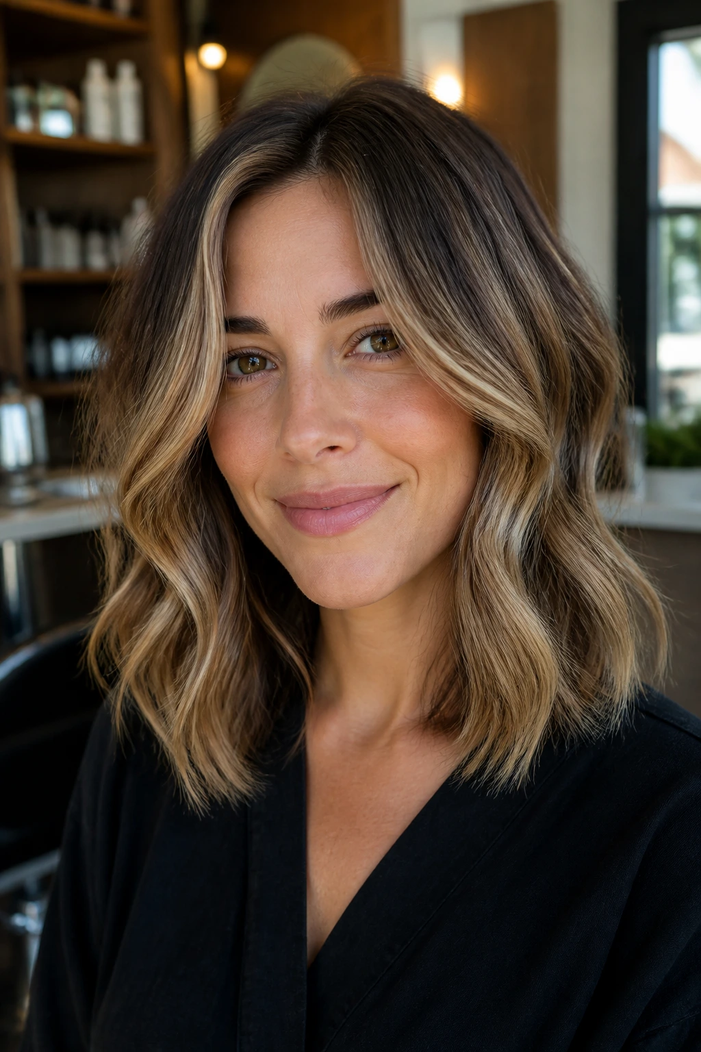 Close-up of a real woman with shoulder-length balayage hair in soft waves under natural salon light