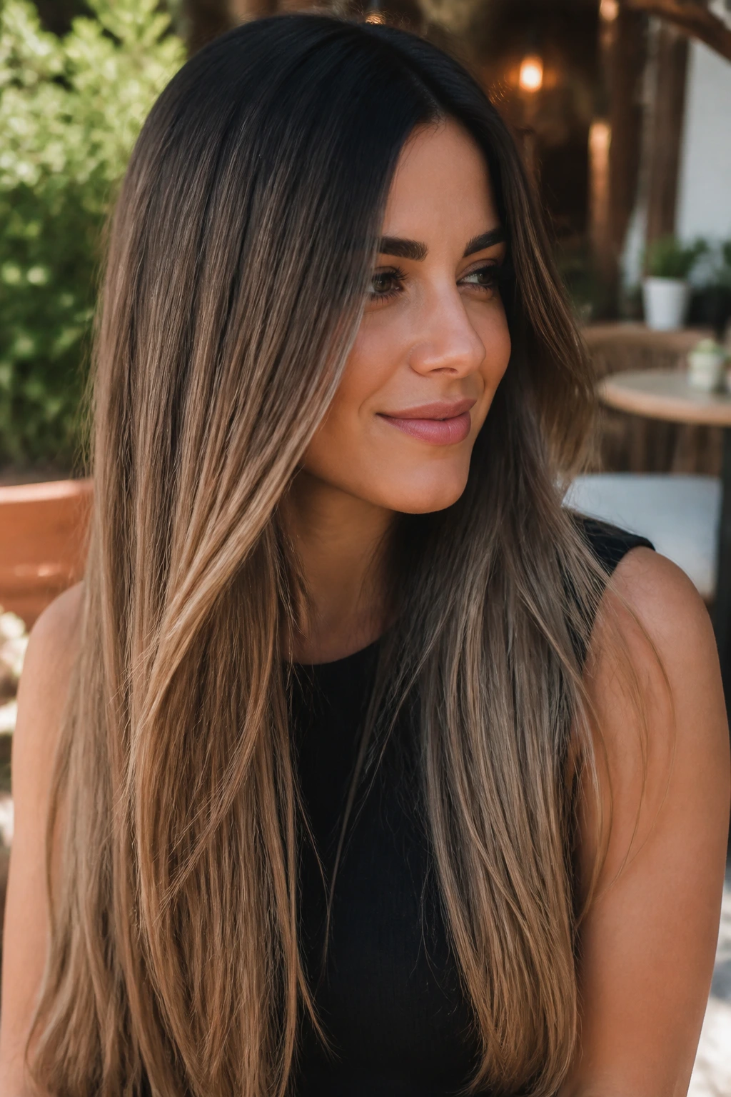 Close-up of a real woman's long straight hair with smoky caramel gradient