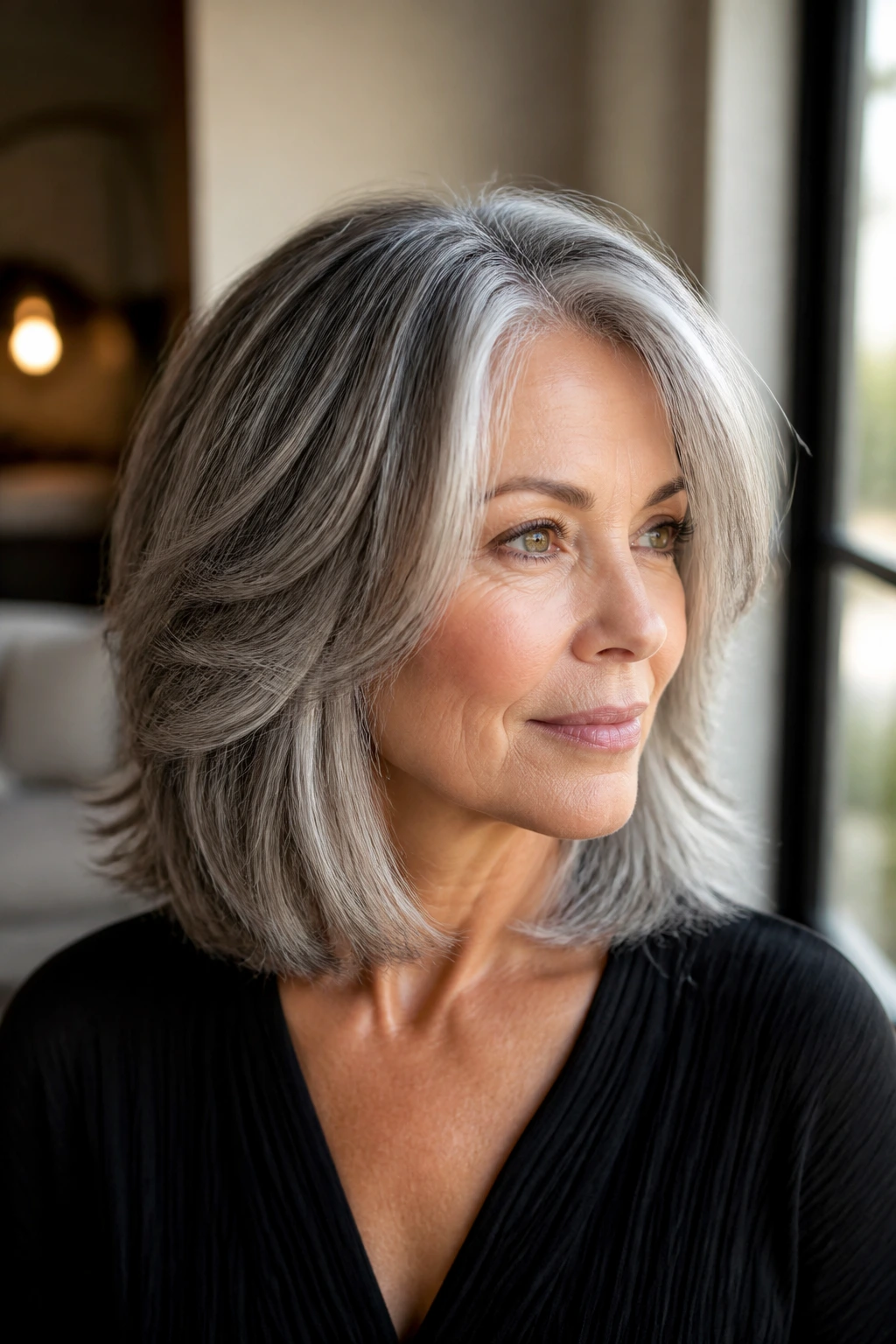 Older woman with smoky silver balayage on shoulder-length layers.