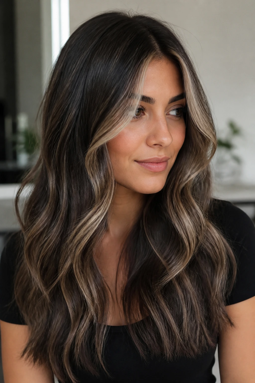 Portrait of smoky brunette with vanilla ribbons at the front