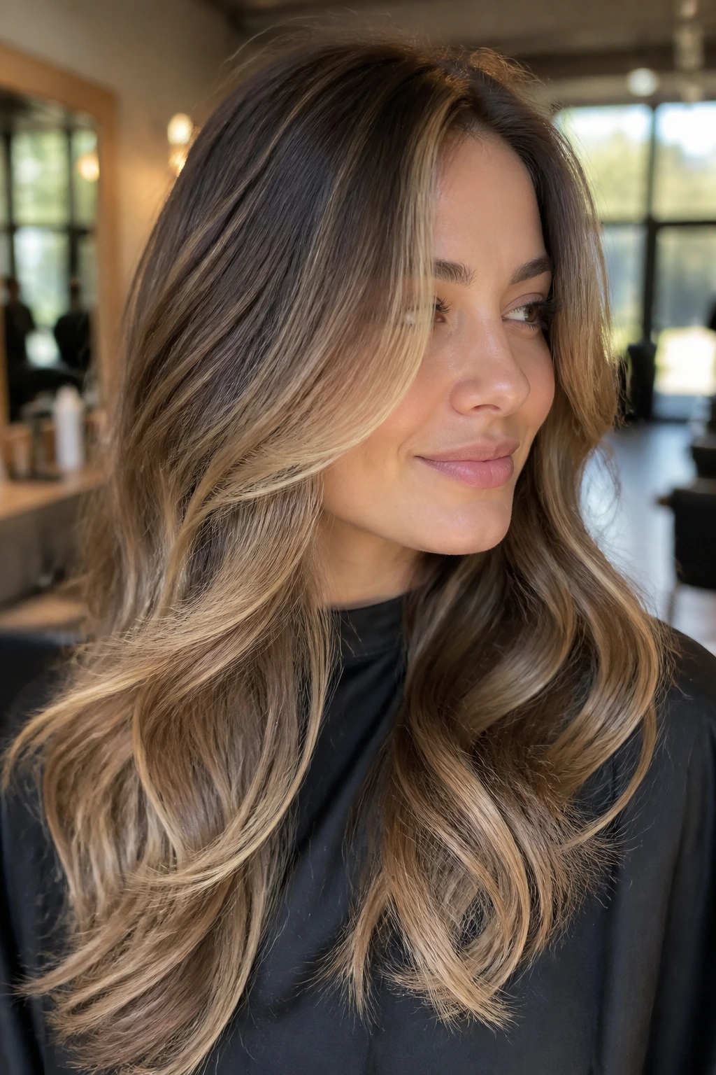 Close-up of a real woman with soft balayage and seamless root blur in warm salon light.