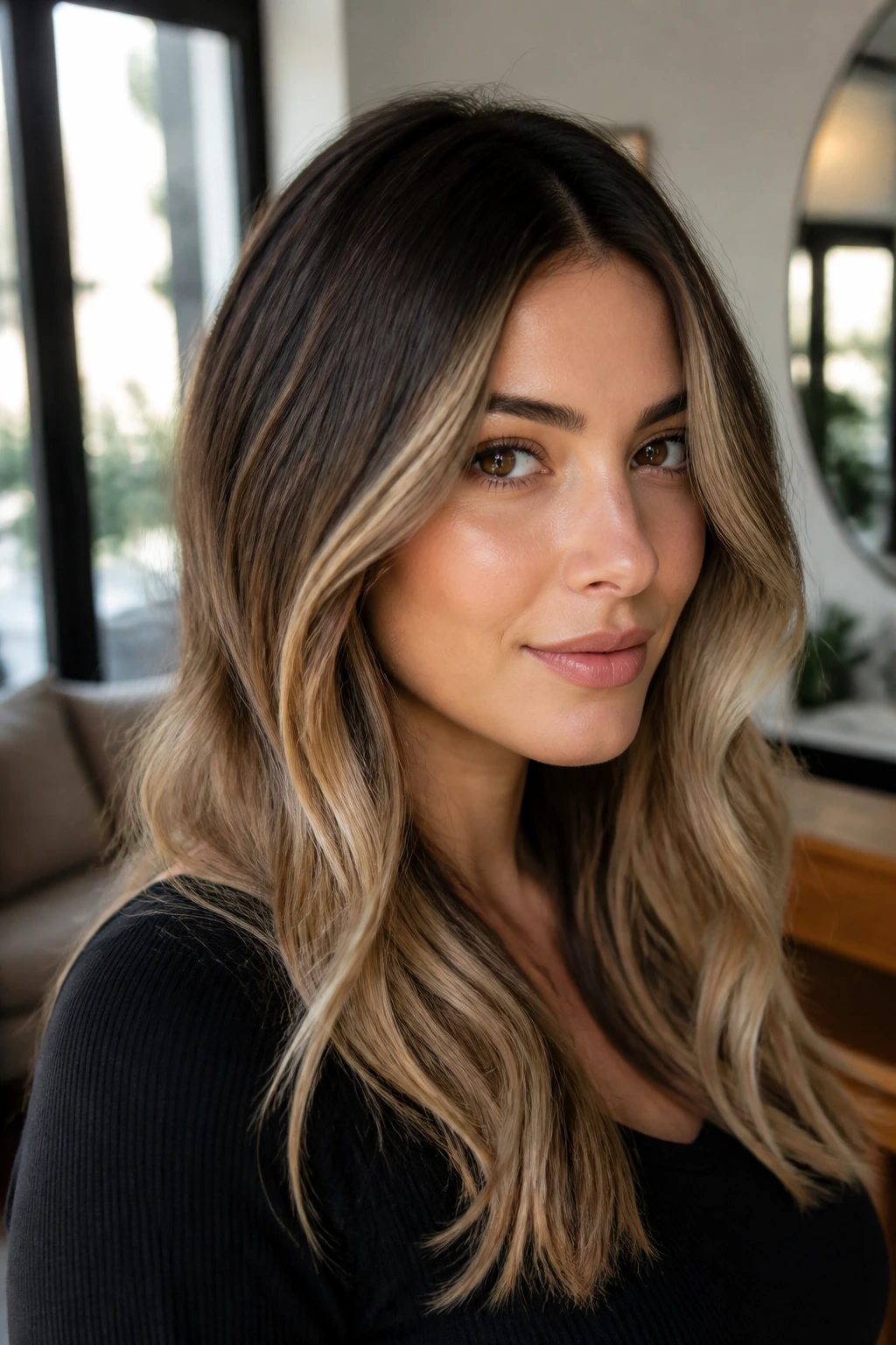 Close-up of a woman with soft grow-out balayage blending root and ends
