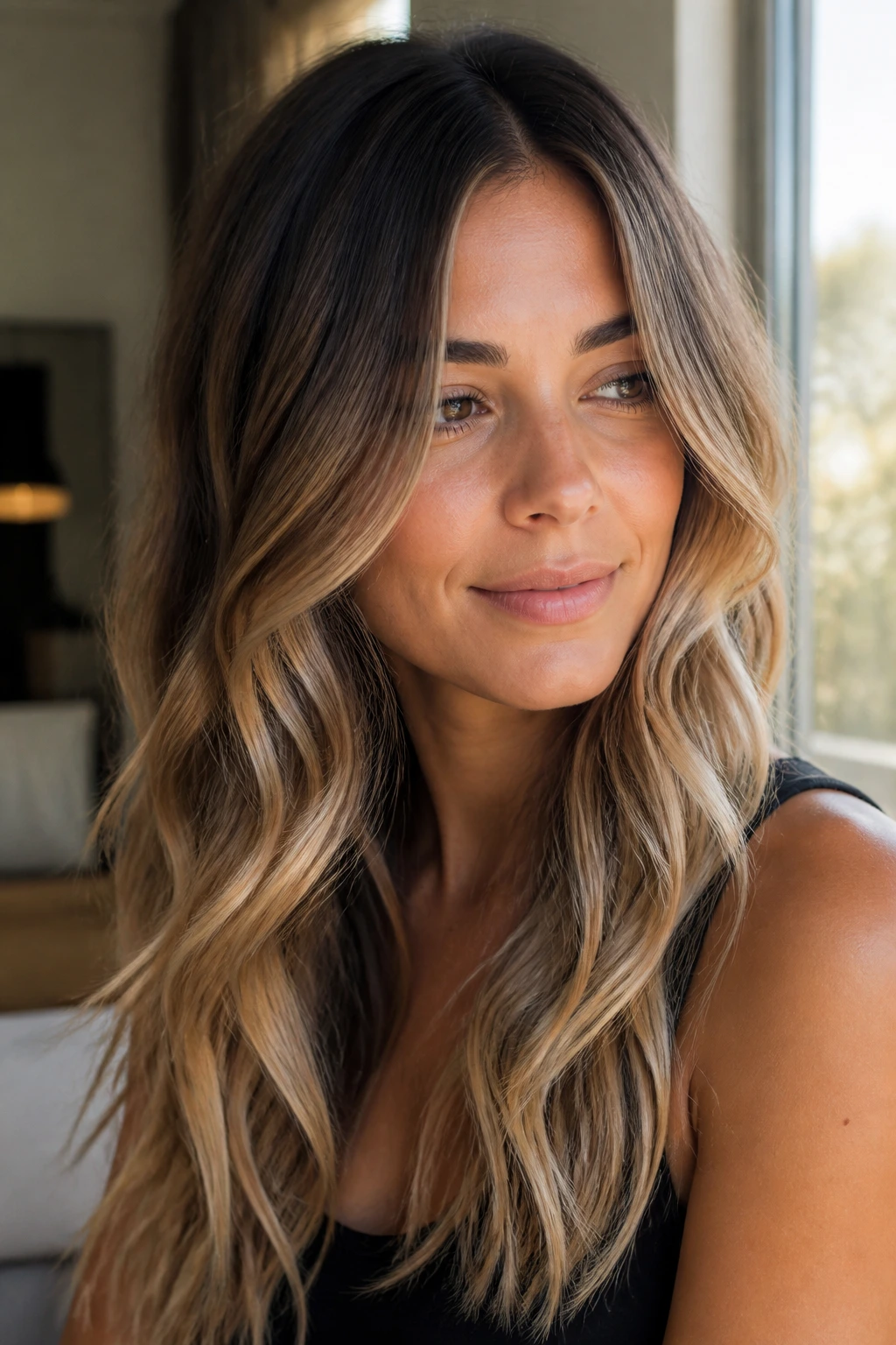 Close-up of a real woman with soft balayage and root shadow in warm light