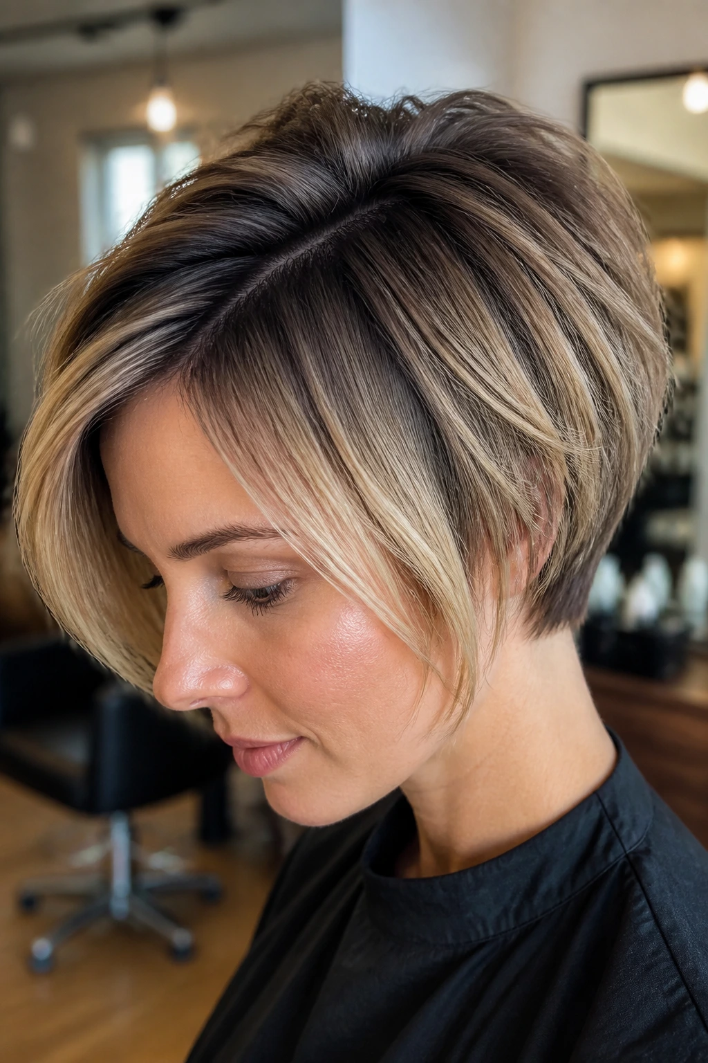 Close-up portrait of a real person with a sharp short hairstyle and soft grow-out.
