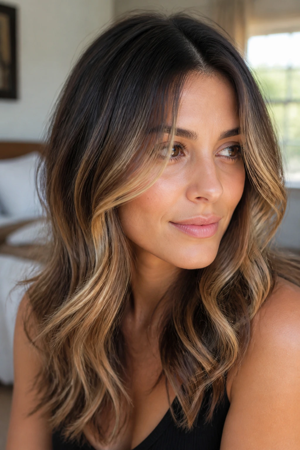 Close-up of a woman with soft balayage showing gentle root blur and face-framing ribbons in warm natural light
