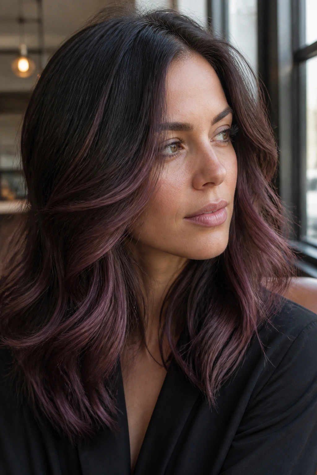 Close-up of a real woman's brunette hair with soft plum glaze and cool-toned ends.