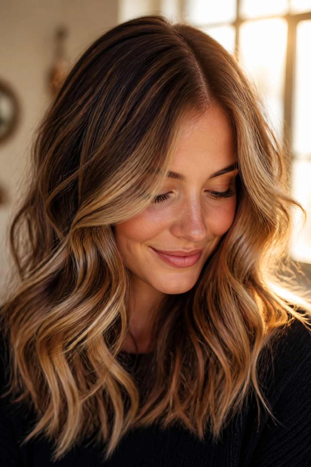 Real woman with soft balayage on wavy hair in natural light