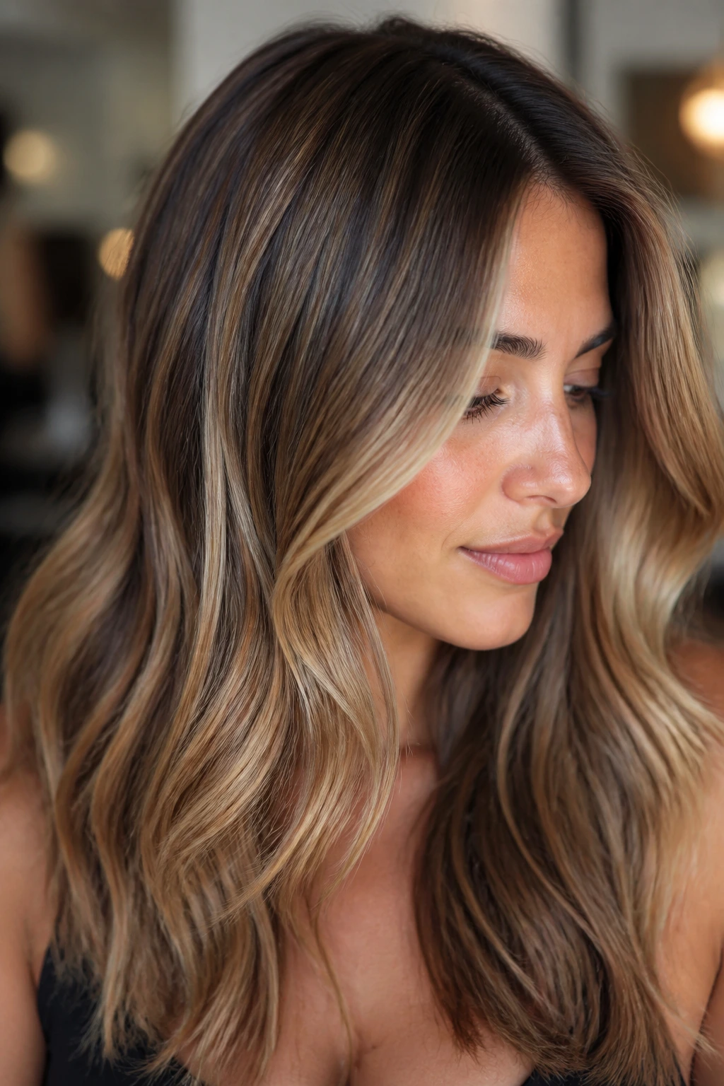 Close-up of a real woman's hair with soft balayage tones and subtle root melt in warm window light