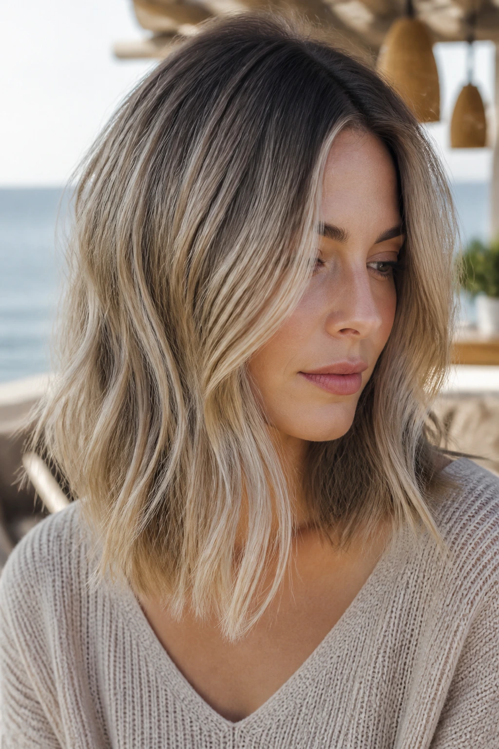 Close-up portrait of a real woman with soft smoke and sand balayage neutral hair