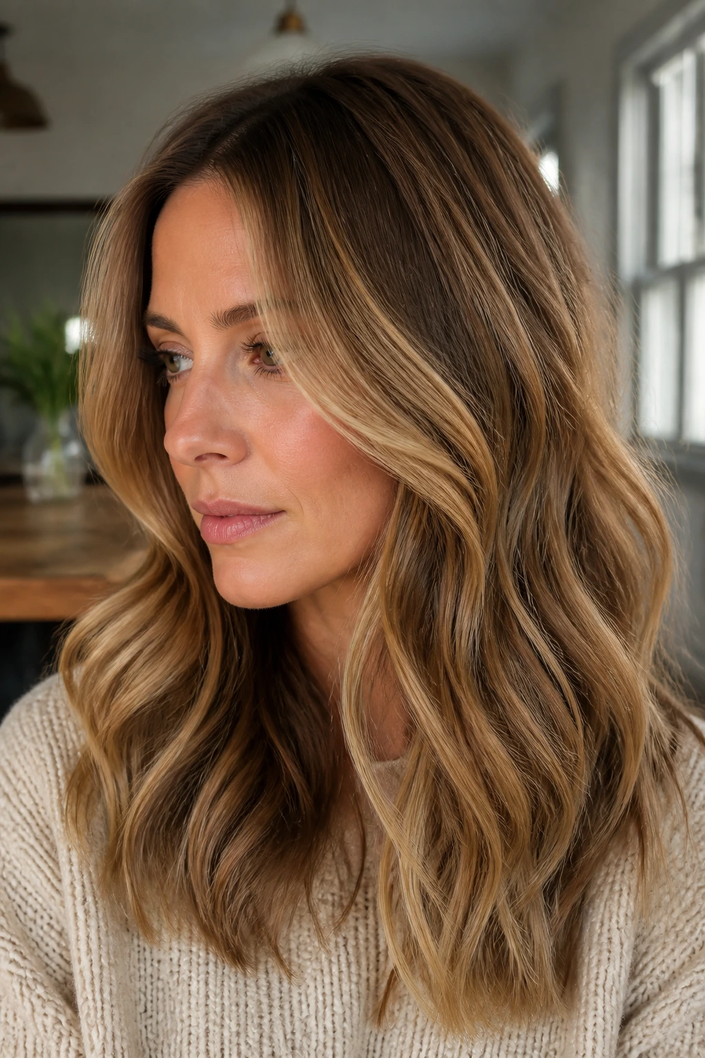 Portrait of a real woman with soft waves balayage showing movement