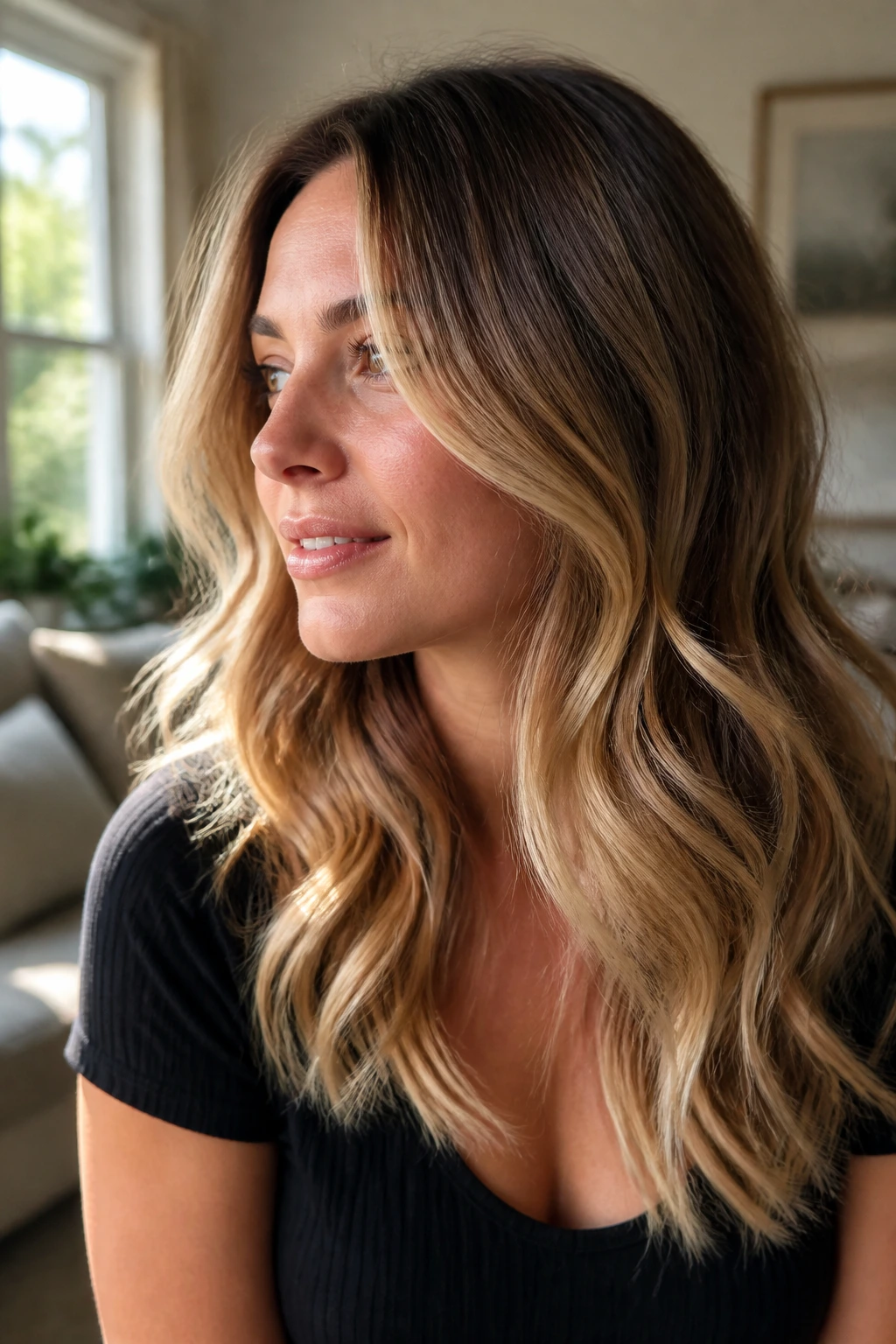 Close-up portrait of a real woman with soft spring balayage and blurred roots