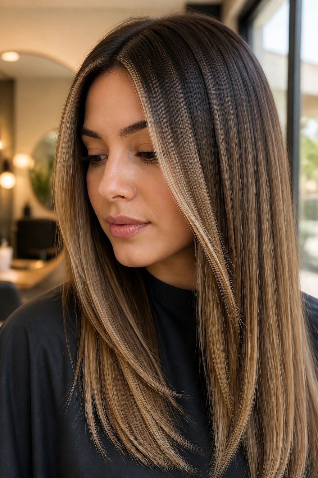 Portrait of straight-haired woman with crisp balayage highlights around the face.