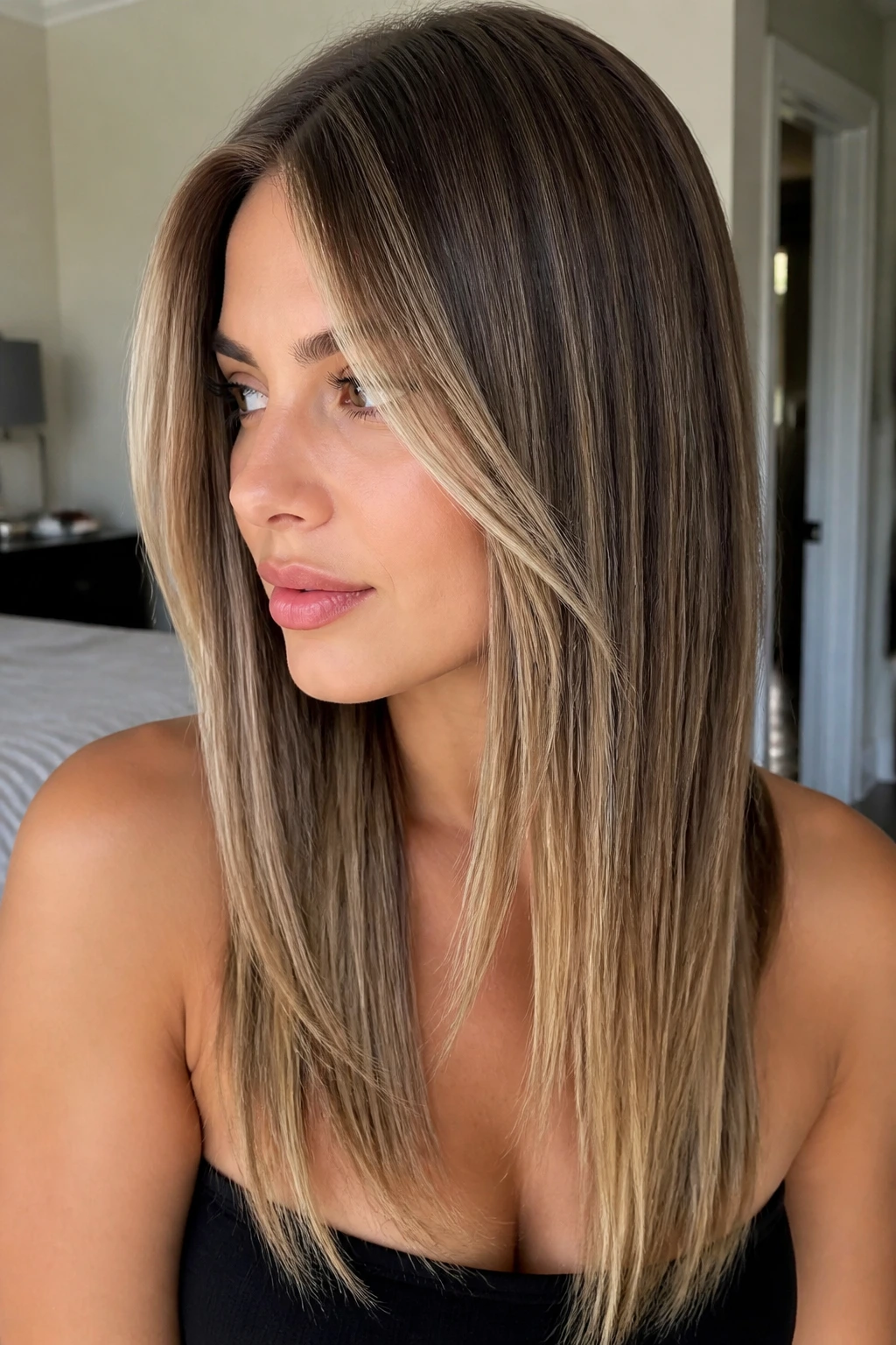 Close-up of straight-hair balayage with fine ribbons and face-framing highlights