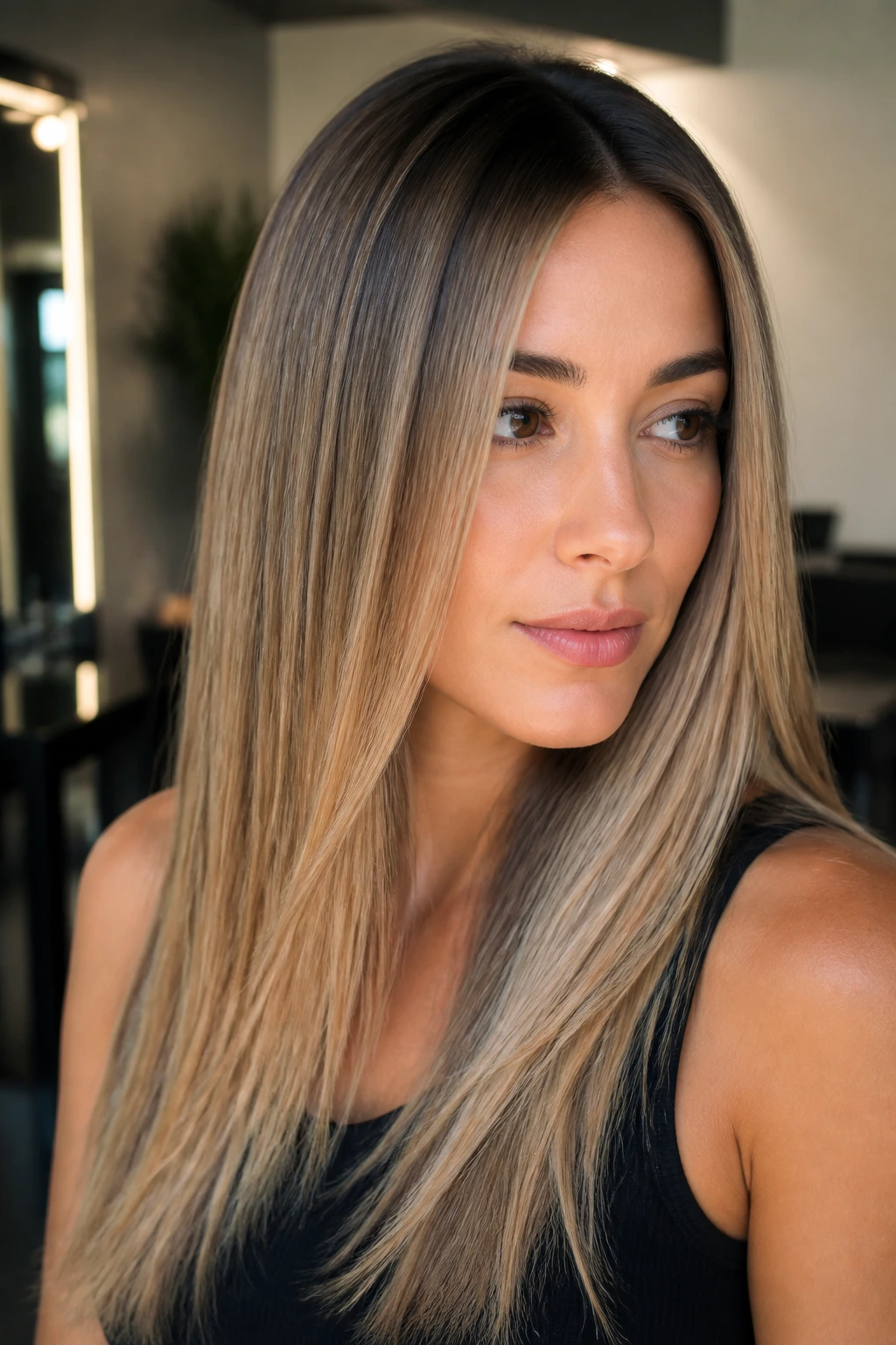 Close-up of a real woman with straight balayaged hair showing dimensional shade movement and root depth.