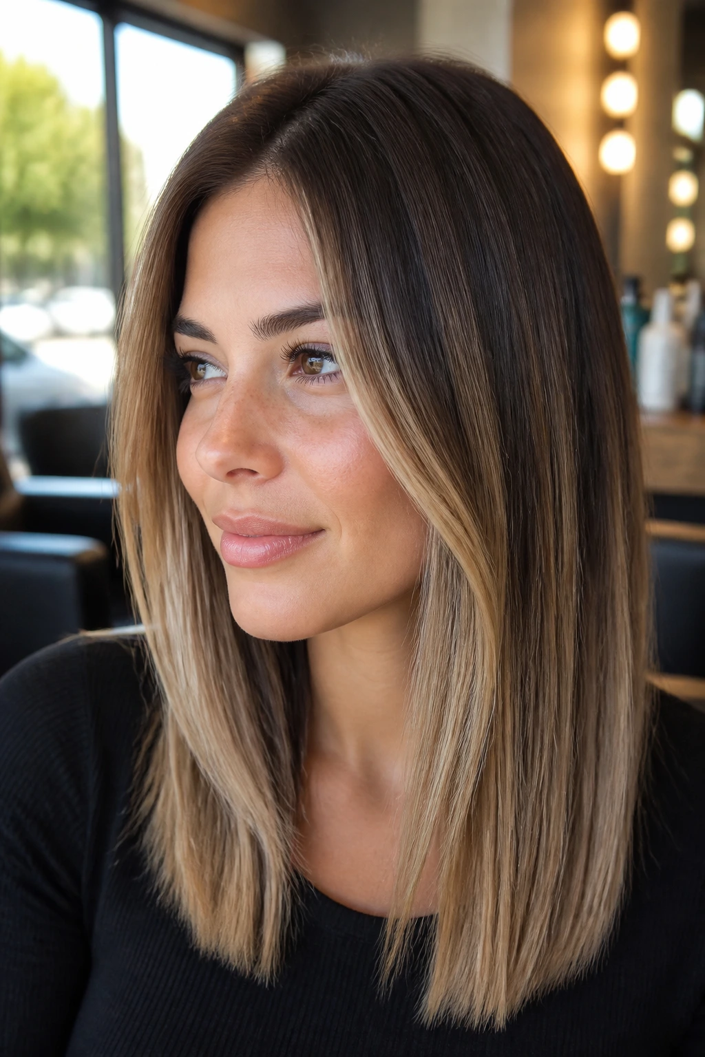 Close-up portrait of straight-haired woman with soft regrowth balayage and face-framing ribbons.