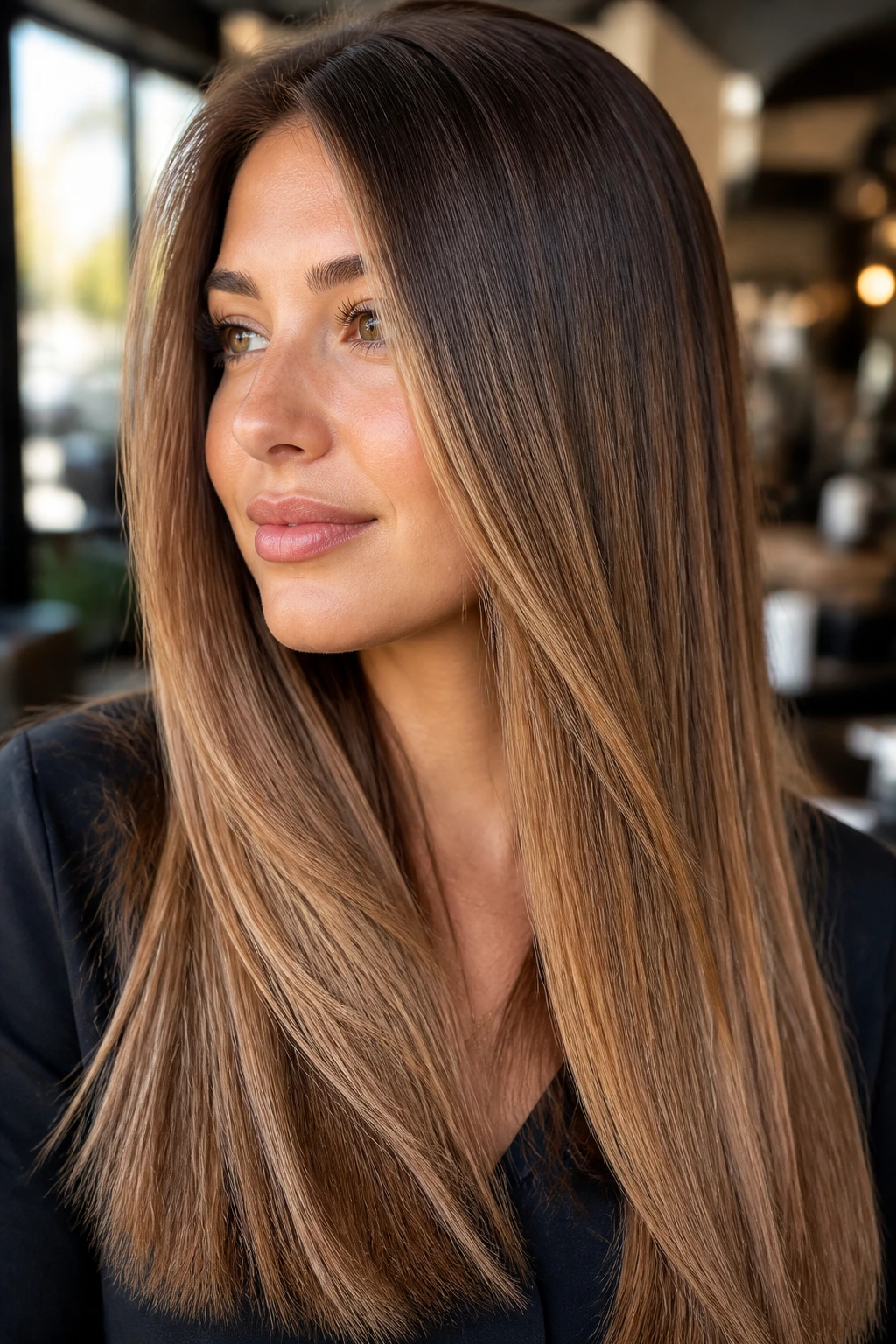 Close-up of a real woman's straight hair with Brushed Bronze Glow balayage and warm bronze highlights