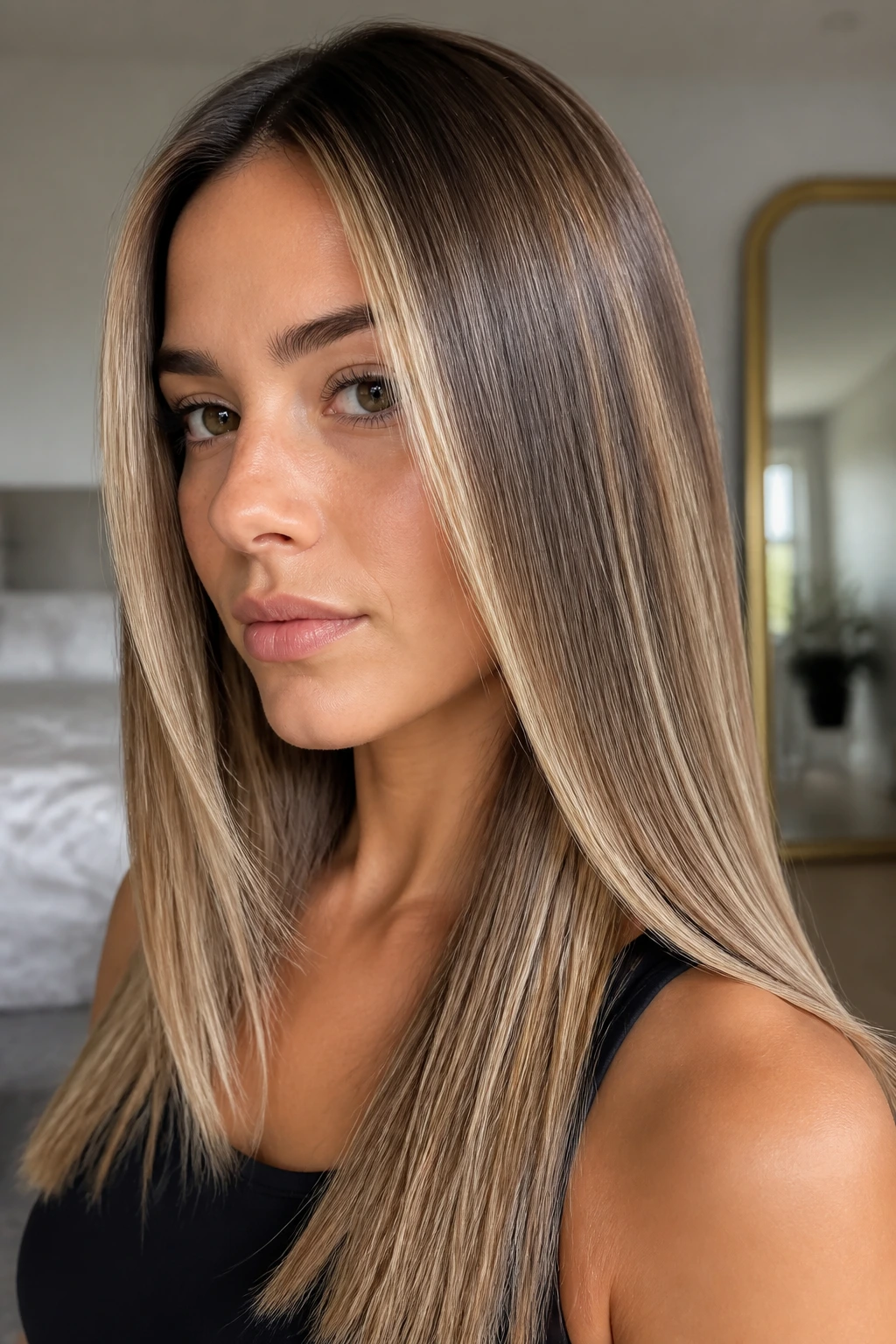 Close-up portrait of real woman with straight balayage showing crisp color placement
