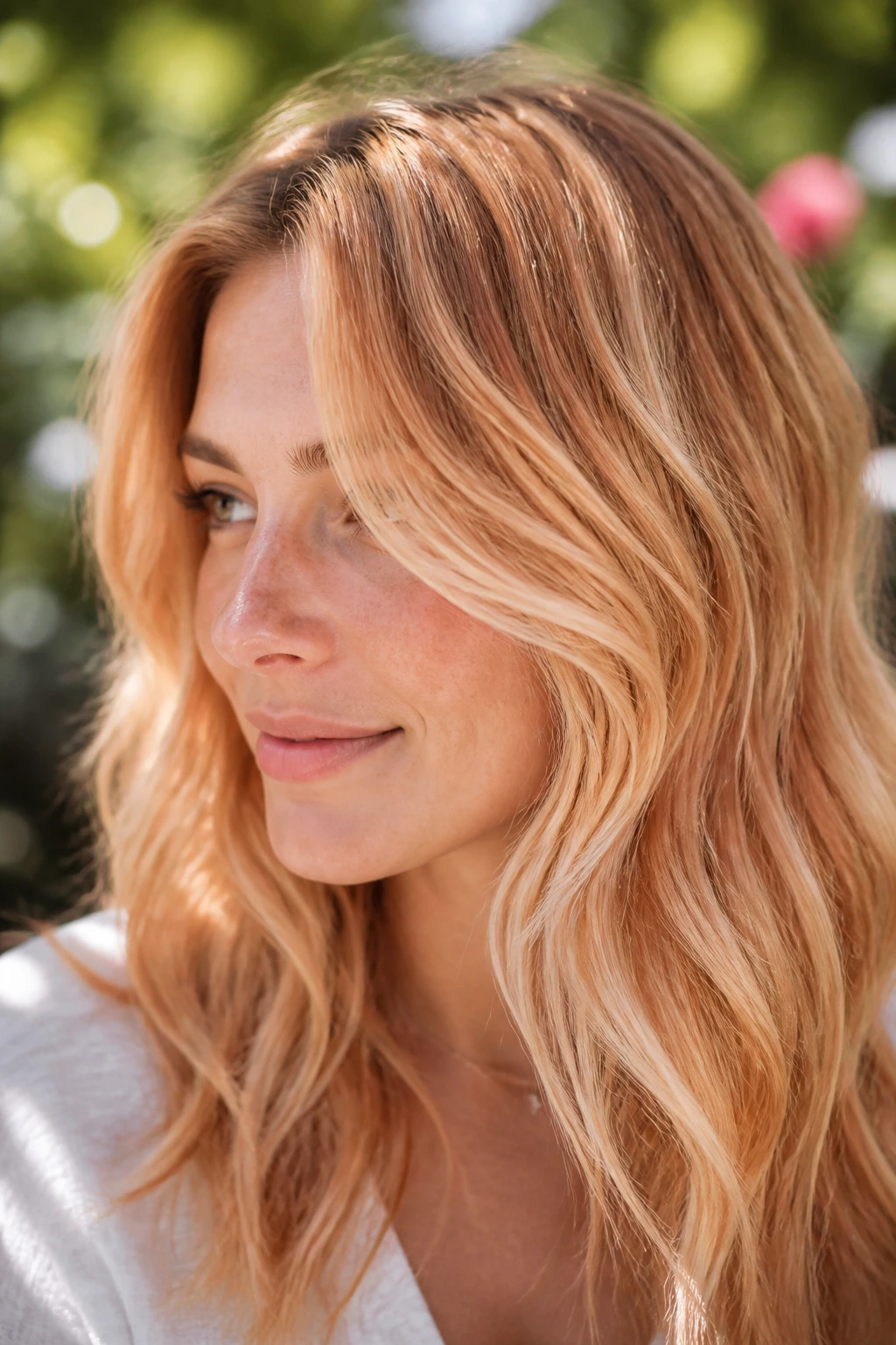 Hair with sunlit strawberry balayage ribbons in natural outdoor light
