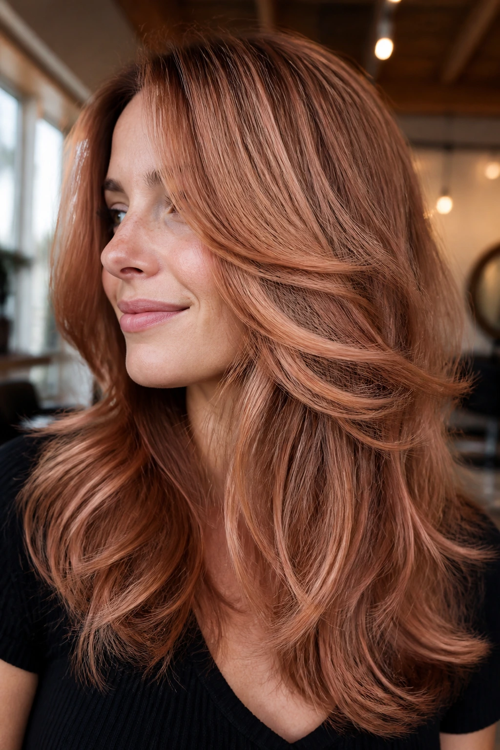 Close-up of a real woman with bouncy strawberry bronze balayage on layered hair in a warm salon.