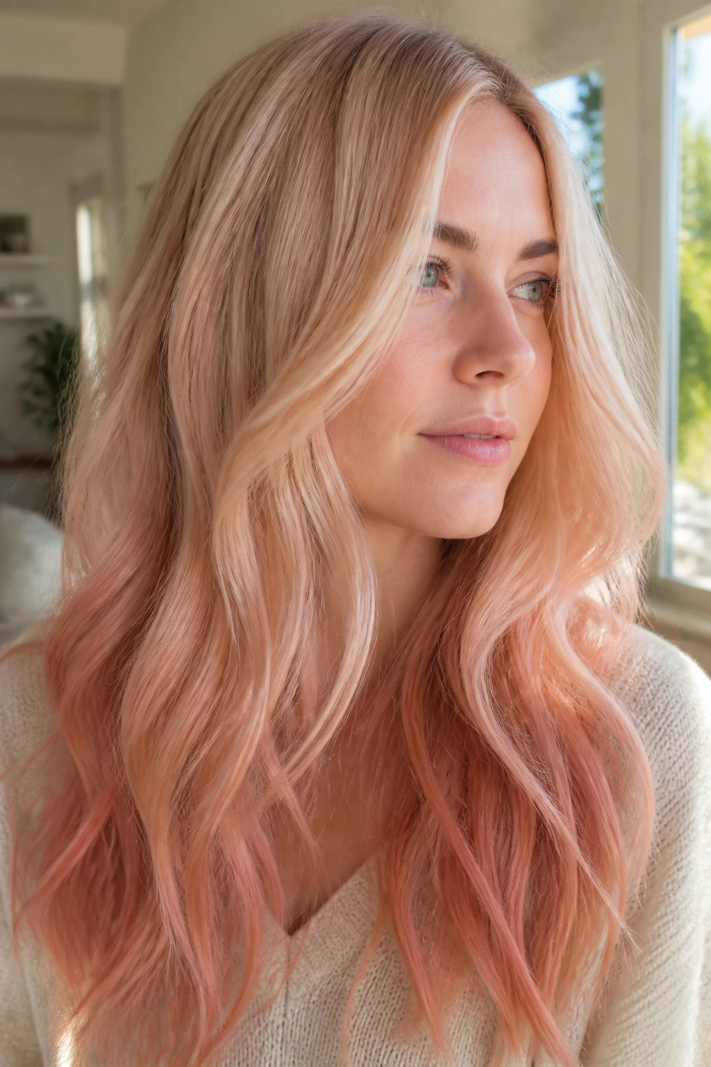 Real woman's hair with pale cream base and strawberry gloss ends in window light