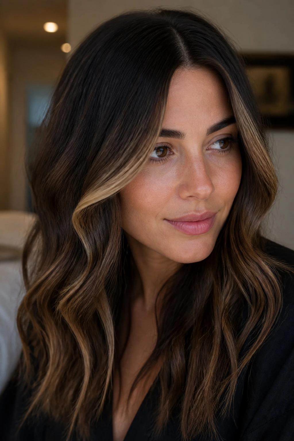 Woman with brunette balayage in soft waves showing ribbons around face