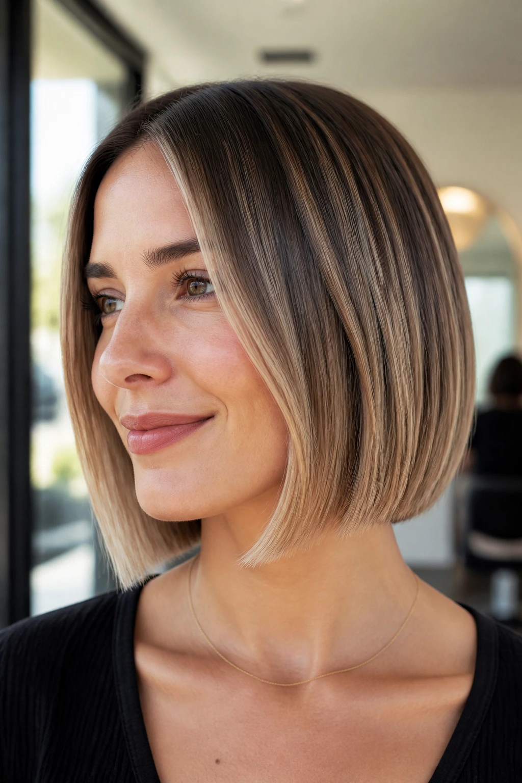 Real person with straight glossy short balayage bob.