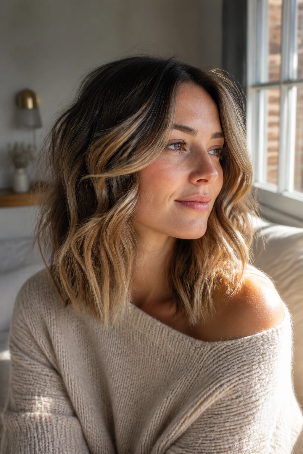 Portrait of a real person with shoulder-length balayage styled in loose waves.