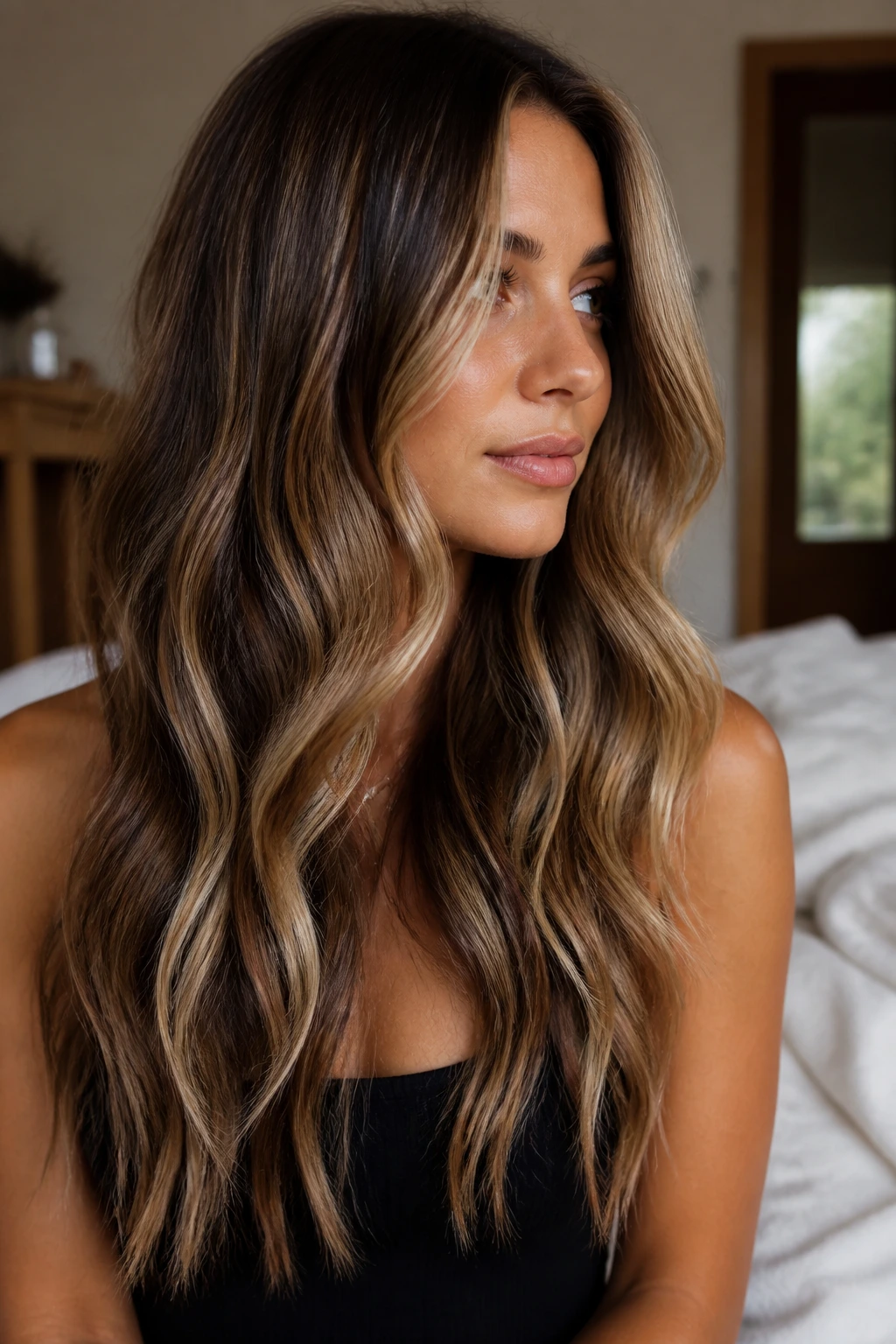 Portrait of long balayage with loose waves showing dimension