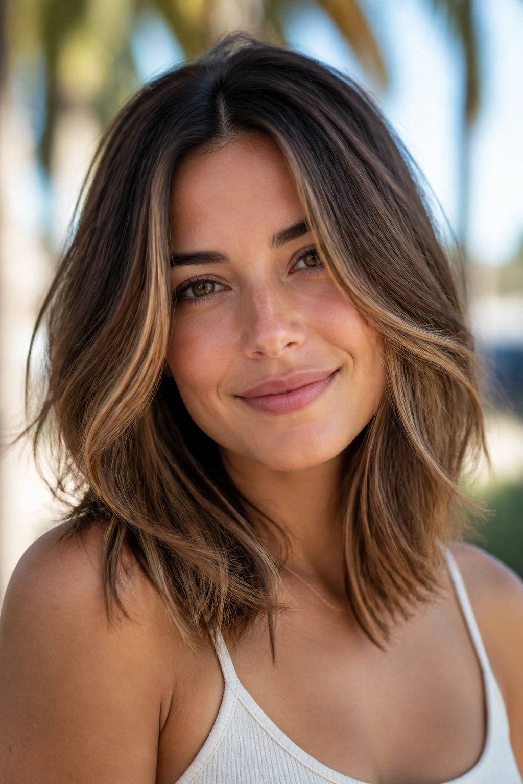 Sun-kissed brunette balayage with caramel highlights around face in natural daylight