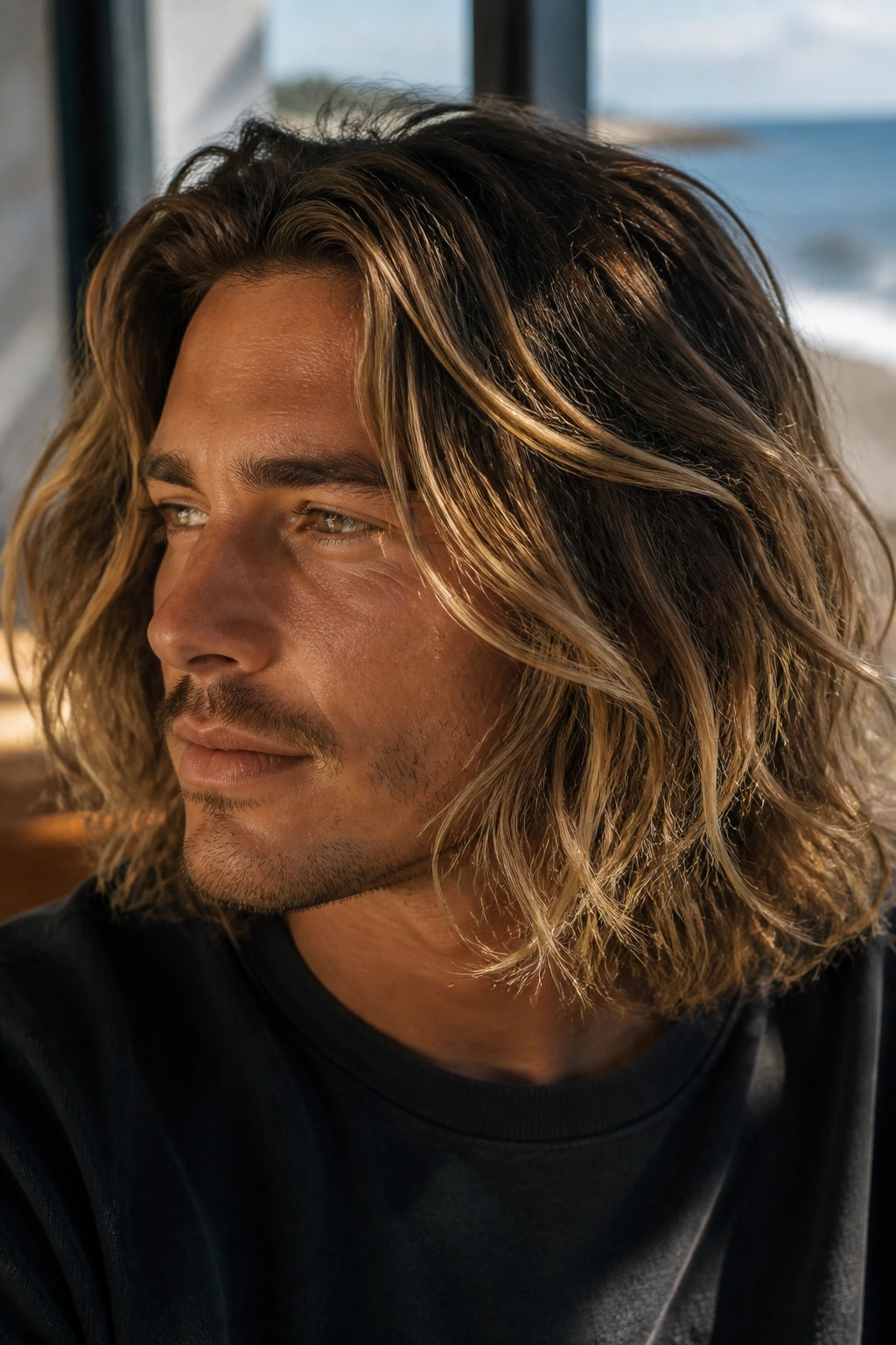 Close-up of a real person with sun-kissed balayage on wavy hair