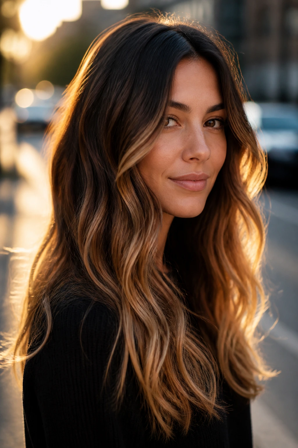 Close-up portrait of a real woman with sunlit caramel ends balayage