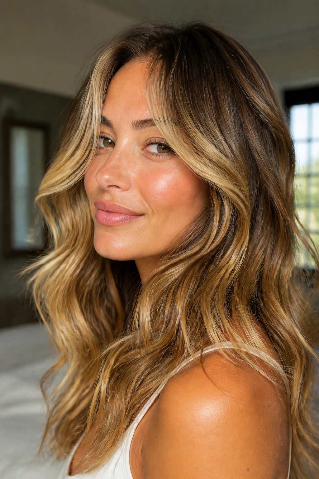 Close-up of a real woman with wavy hair showing sunlit golden balayage