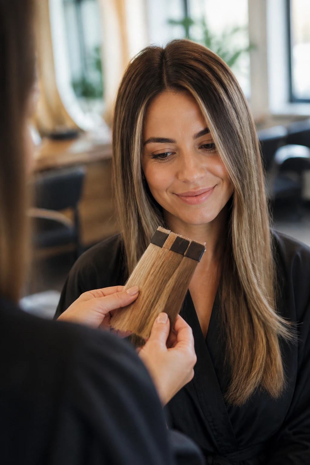 Client in a salon consulting with swatches held near the face, evaluating balayage tones in daylight